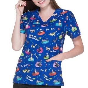 Dr. Seuss Nurse Uniform Short Sleeve Tee - Blue and Pink V-Neck Size S